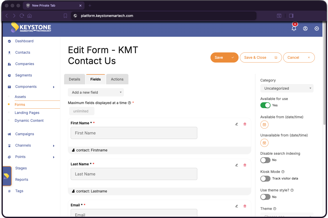 The KMT Stack marketing: a KMT-branded campaign and form editor