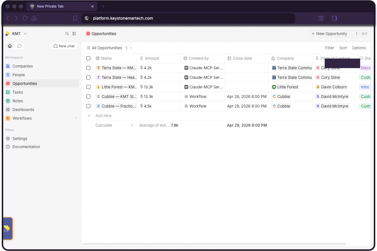 The KMT Stack CRM: a contact and deal pipeline view